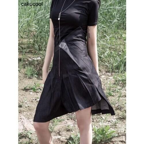 Cakucool 2019 new summer port wind irregular structure tannin thin suit denim pleated skirt skirt