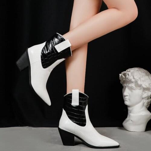 New Fall Women Boots Fashion Lattice Pointed Toe High Heels Black White Snakeskin pattern Square Heel Ankle Boots Winter Booties