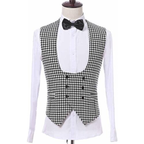Houndstooth Men Vest with Double Breasted One Piece Casual Waistcoat Fashion Coat for Wedding New