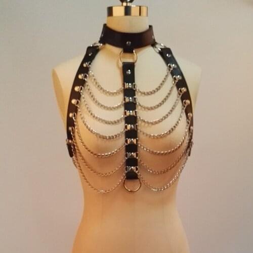 100% Handcrafted Women Leather Punk Top Bondage Punk Bra with Chains Metal Links for Cosplay Dancing Performance