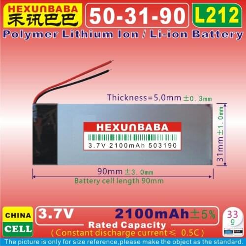 2pcs [L212] 3.7V 2100mAh [503190] Polymer lithium ion / Li-ion battery for tablet pc,GPS,mp4,cell phone,speaker;DVR,gps