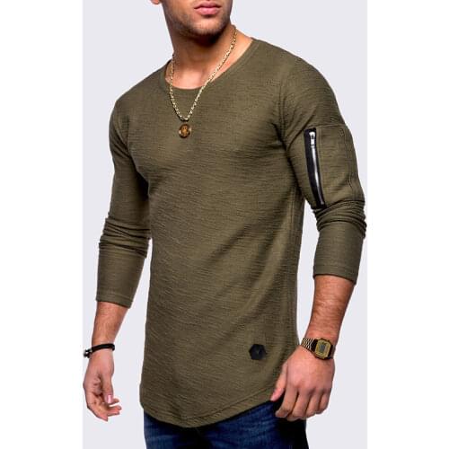 2021 fashion casual fitness hipster T-shirt long-sleeved pocket zipper patchwork O-neck street tops solid color cotton T-shirt