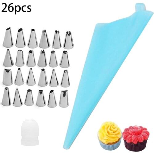 26Pcs/Set Silicone Pastry Bag Tips Kitchen DIY Cake Icing Piping Cream Cake Decorating Tools Reusable Pastry Bags+24 Nozzle Set