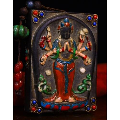 3"Chinese Folk Collection Old Natural meteorite Tracing mosaic Gem Dzi Bead Thousand Hands Guanyin Bodhisattva Pendant Amulet