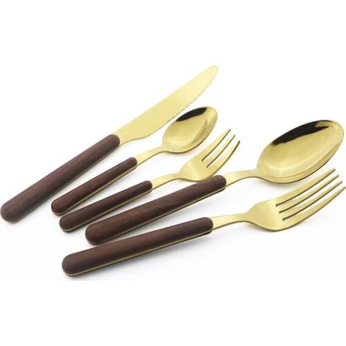 4/5Pcs Western Stainless Steel Cutlery Set Wooden Handle Dinnerware Knife Fork Coffee Tea Spoon Silverware Glossy Tableware Set