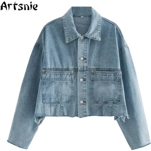 Artsnie Spring 2021 Denim Jacket Women Turn Down Collar Long Sleeve Oversized Coats Streetwear Vintage Blue Jean Jacket Chaqueta