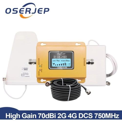 B28B 700mhz LCD Display Powerful Cell Phone 70dB Gain 4G LTE 700 Signal Repeater Amplifier log Antenna