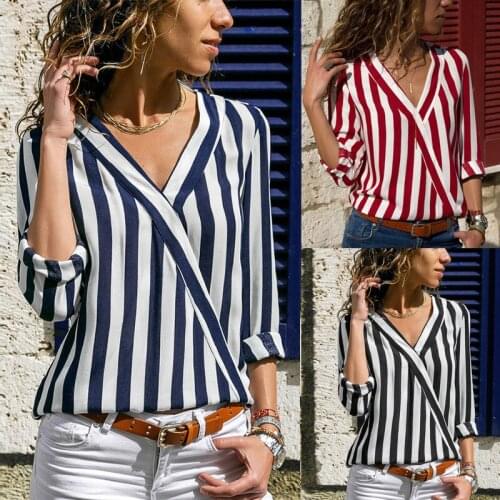 Long Sleeve T Shirt 2021 Women Striped Blouse Shirt V-Neck Shirts Casual Tops Blouse Et Chemisier Femme Blusas Mujer De Moda