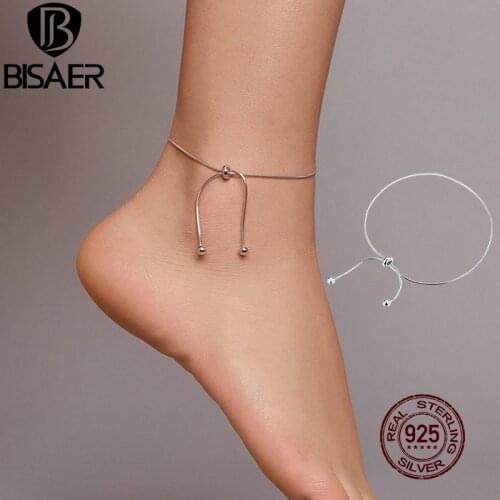 BISAER Stylish Simple Anklets 925 Sterling Silver 25cm Adjustable Foot Chain Anklet For Women Feet Leg Link Jewelry ECT016