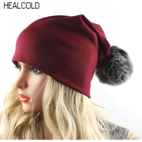 HEALCOLD Brand Cotton Cap Faux Fur Pompom Hat Christmas Gift Beanies Double Layer Hats For Women Men