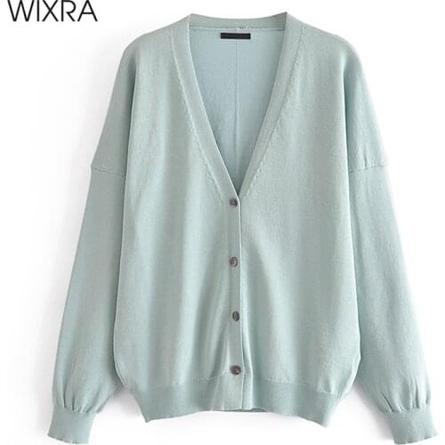 Wixra Women Knitted V-Neck Single Breasted Long Sleeve Solid Cardigan 2021 Spring New Loose Straight Sweater Coat