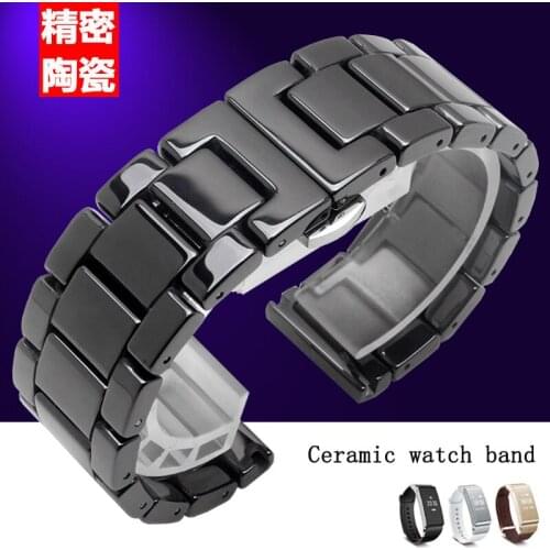 Ceramic watch strap solid chain bracelet butterfly buckle wristband 14 16 18 20 22 mm polished black and white new watch strap