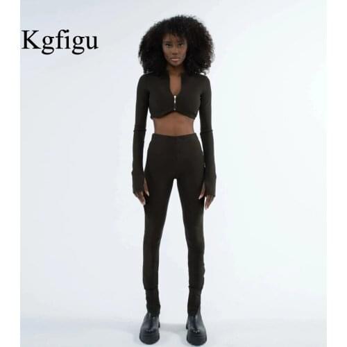 KGFIGU Knitting Gray Party Pants Two Piece Sets Women Sexy Long Sleeve Zipper Up Sweatshirts Tops High Waist Pencil Trousers