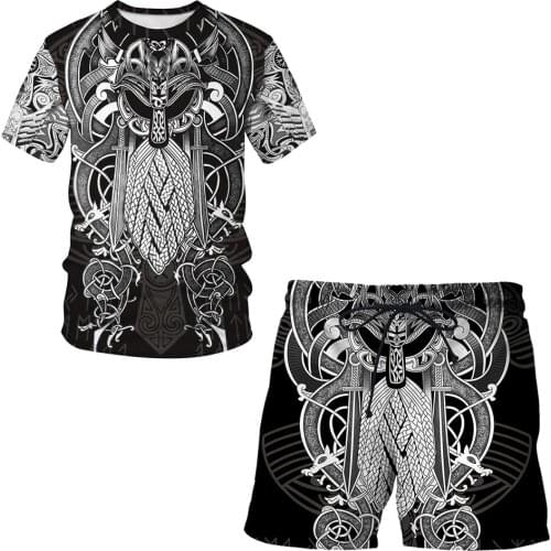 2021 New Summer Men symbol - Tattoo Suit Sporting Suits 3d Viking Short Sleeve T Shirt + Shorts Quick Drying 2 Piece Casual Suit