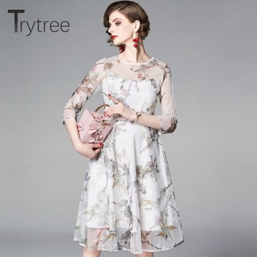 Trytree Summer Autumn Casual Dress Voile Polyester Embroidery Floral Print Women Dresses Knee-Length A-line Office Lady Dress