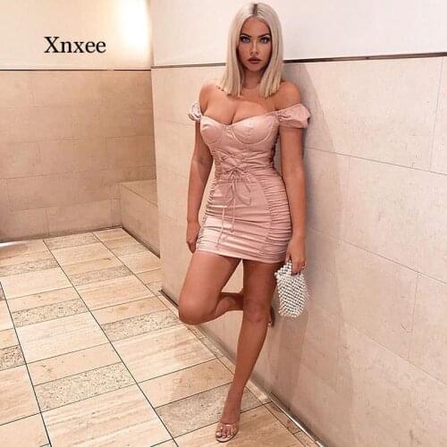 Summer Womens Fluffy Sleeve Evening Dress Ladies Summer Strapless Sexy Corset Dress Corset Tight Mini Pleated Dress Pink
