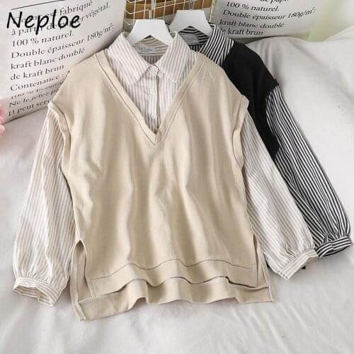 Neploe Fashion Fake Two Piece Women Blouse 2021 New Loose Knitted Patchwork Design Shirt Striped Long Sleeve Femme Blusas