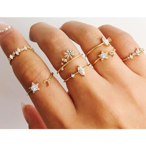 IPARAM Vintage Crystal Star Moon Flower Joint Ring Set Bohemian Gold Geometric Knuckle Ring Set Wedding Jewelry Gift