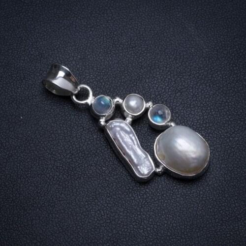 Natural River Pearl,Biwa Pearl and Moonstone Indian 925 Sterling Silver Pendant 1 1/2" T0192