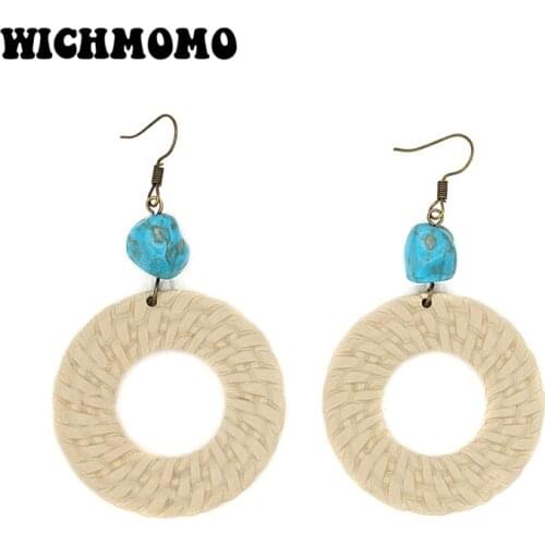 New Fashion 43mm Imitation Rattan Knit Round Off-white Ethnic Earrings for Womens Fashion Jewelry Gifts Date and Party