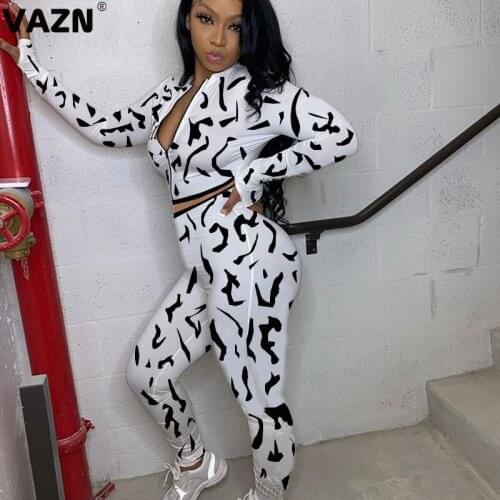 VAZN 2020 Autumn New Plus Size High Street Young Sexy Soft Full Sleeve Cloth Group Long Pants Slim Women 2 Piece Set