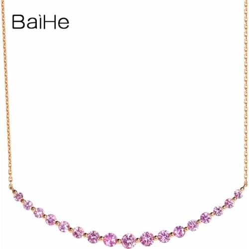BAIHE Solid 18K Rose Gold Certified About 2.2ct-2.4ct Genuine Natural Pink sapphirs Women Fine Jewelry Anniversary Necklaces