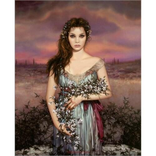 Counted Cross Stitch Kits Needlework Embroidery - Crafts Aida DMC Color DIY Arts Handmade Home Decor - Girl Holding Bouquet