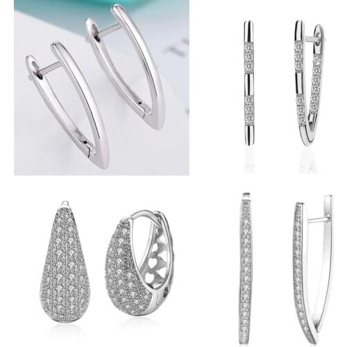 New White gold Color White CZ Hoop Earrings for Women AAA Cubic Zirconia Geometric Hoops Earings Simple Fashion Jewelry