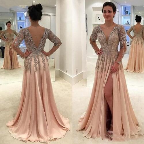 Gorgeous Crystals Beaded Long Prom Dresses Party Wear Deep V Neck Side Split Evening Gowns Chiffon Long Sleeve Formal Dress