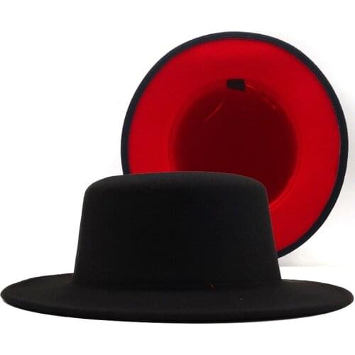 High Quality New Two Tone Flat Top Inner Red Outer Black Classics Fedora Hat Vintage Church Jazz Panama Wide Brim Trilby Cap