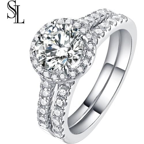 SL 2 Pcs Wedding Ring Set Classic Jewelry Round Cut AAA CZ 925 Sterling Silver Engagement Halo Rings For Women