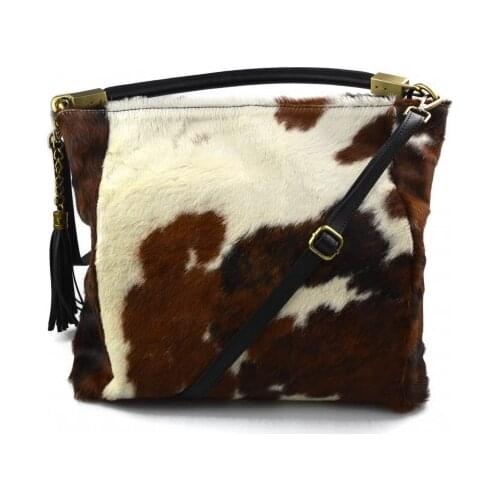 Cowhide pony fur tote bag pony fur hair bag natural fur animal print brown white cow fur shoulderbag leather handbag cow