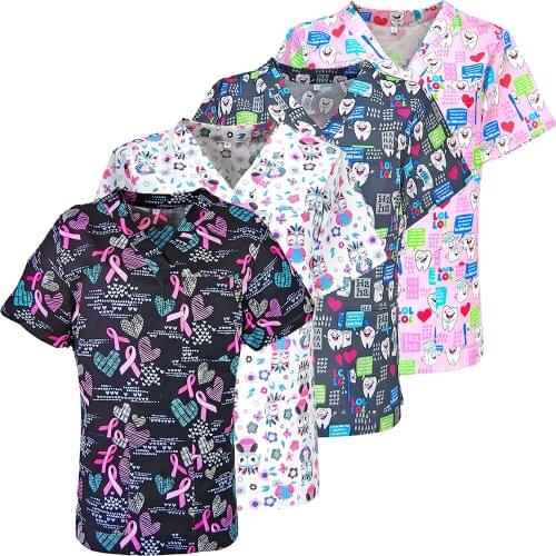 Anime Print Scrubs Tops and caps Working Nursing Uniform for Women Men Lab Dentist Clinic Doctors Nurse Spa Fashion Uniforms Top