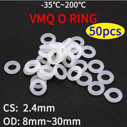 50pcs VMQ O Ring Seal Gasket Thickness CS 2.4mm OD 8~30mm Silicone Rubber Insulated Waterproof Washer Round Shape White Nontoxi