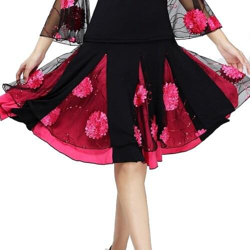 Women Ballroom Dance Costume Skirt Modern Standard Waltz Latin Salsa Samba Skirts Rumba Sequined Mesh Elastic Waistband