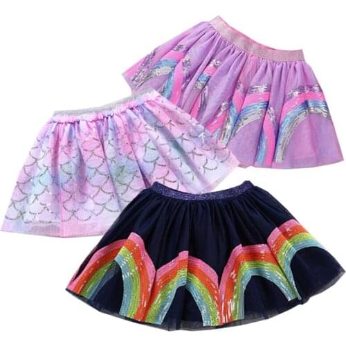 1-7Yrs Summer Princess Mesh Lovely Fluffy Soft Tulle Baby Girls Tutu Skirt Sequins Rainbow Styles Girls Skirts For Kids Skirts