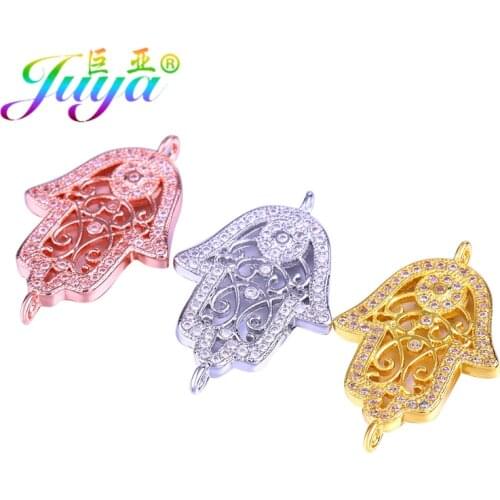 Juya Handmade Jewelry Accessories Micro Pave Zircon Hamsa Fatima Evil Eye Charms Connector For Bracelet Necklace DIY Making