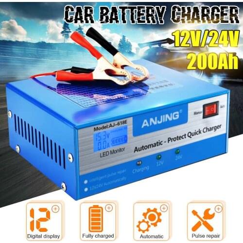 ANJING AJ-618E Car Battery Charger Automatic Intelligent Pulse Repair 130V-250V 200AH 12/24V With Adapter Jump Starter