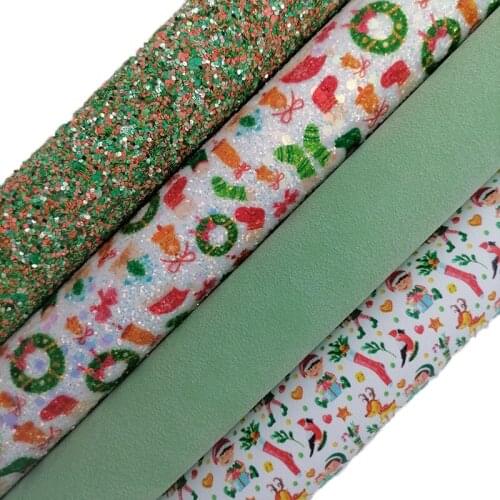 Green Glitter leather, Christmas Socks Printed Glitter Faux leather, Suede Faux Leather Sheets For Bows DIY 21x29CM KM700