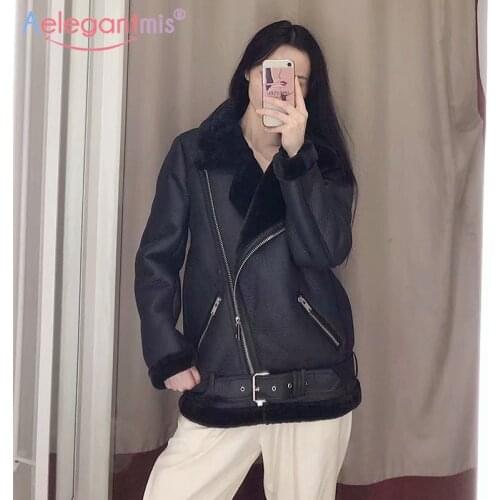 Aelegantmis Women Winter Faux Lamb Leather Jacket Wool Fur Collar Faux Pu Leather Jacket Coat Ladies Loose Warm Thick Outerwear
