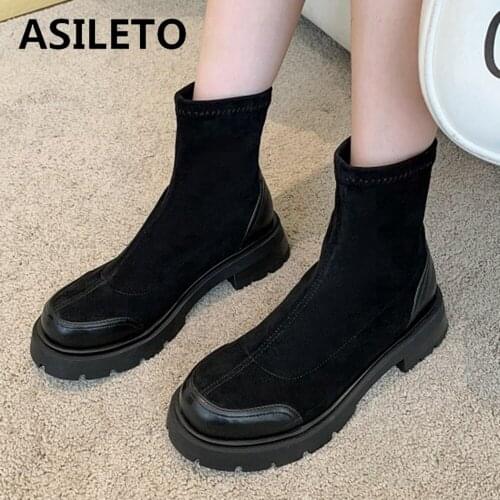 ASILETO 2021 New Platform Square Heel Flat Ankle Short Bootie Mortorcycle Strethcy Mixed Color Design Shoes For Women 42 S2490