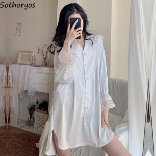 Women Designer Sleepshirts White Single Breasted Irregular Loose Cozy Lace Patchwork Nightgowns Full Sleeve Fresh Lounge Trendy