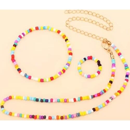 Bohemian Set Necklace Fashion Retro Bead Necklace Bracelet Ring 3 Piece Set Womens Necklace Bracelet Set Jewelry Wholesale