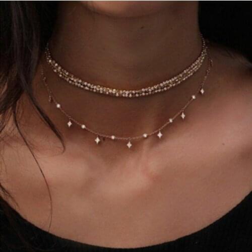 Beaded Chain Geometric Crystal Multilayer Necklace Women Fashion Crystal Star Pendant Necklace Chain Elegant Jewelry