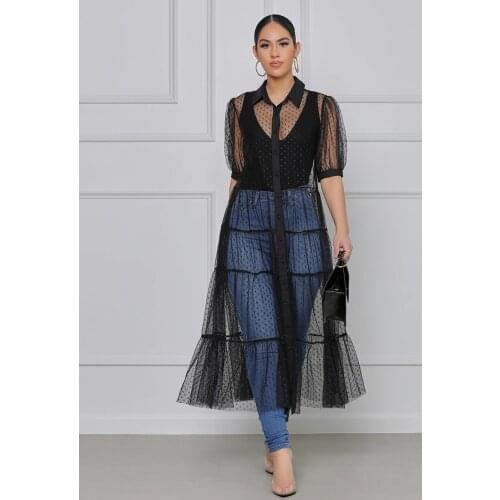 Women Plus Size Dot Mesh Shirt Dress Summer Fashion Bohemian Transparent Polka Dot Gauze Long Street Dress Women