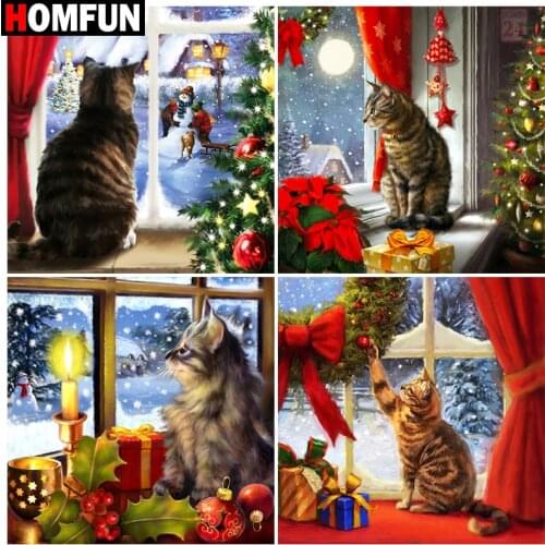 HOMFUN Diamond Embroidery DIY Diamond Painting Cross Stitch Kit "Cat window christmas”5D Needlework Diamond Home Decoration