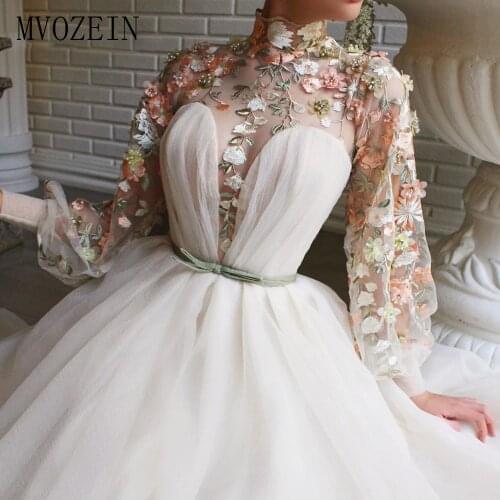 White Wedding Party Dress Tulle Evening Dress High Collar Girl Prom Dresses Split Transparent Formal Gown robe de soiree