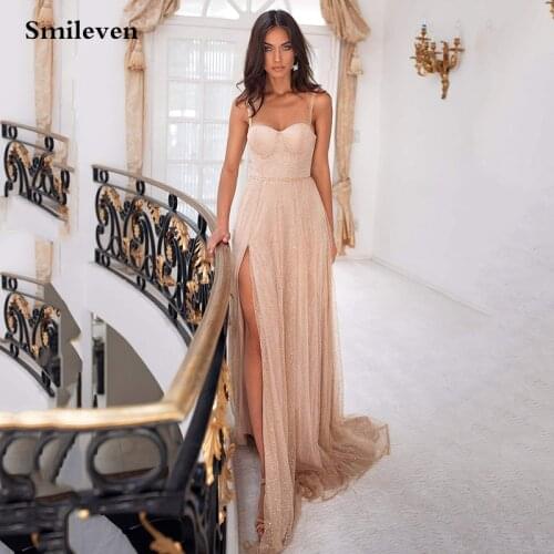 LORIE Champagne Shiny Glitter Tulle Evening Dresses 2021 Sweetheart Neck Sexy Prom Gowns Elegant Backless Wedding Party Dress