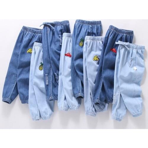 Children Boys Girls Pants Soft Thin Denim Denim Casual Trousers Pants Cartton Car Pattern