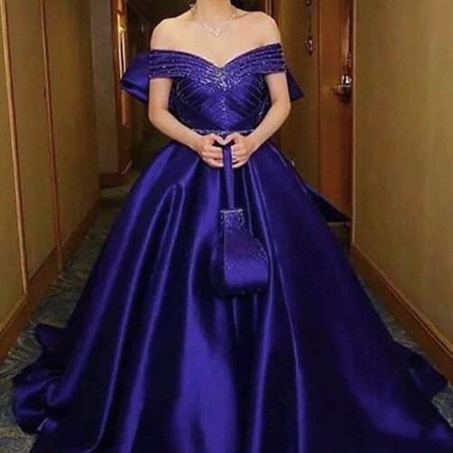 Purple prom dresses 2020 off the shoulder beading sequins satin evening dresses formal dresses